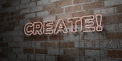 Fototapeta na wymiar CREATE! - Glowing Neon Sign on stonework wall - 3D rendered royalty free stock illustration. Can be used for online banner ads and direct mailers..