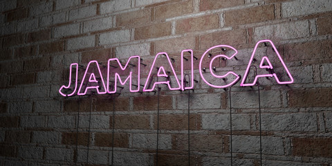 JAMAICA - Glowing Neon Sign on stonework wall - 3D rendered royalty free stock illustration.  Can be used for online banner ads and direct mailers..