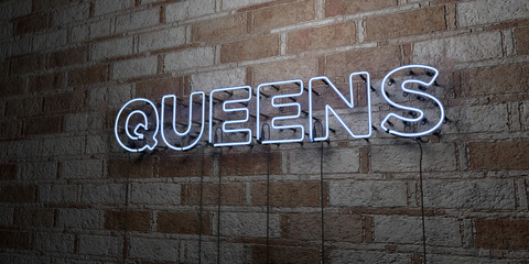 QUEENS - Glowing Neon Sign on stonework wall - 3D rendered royalty free stock illustration.  Can be used for online banner ads and direct mailers..