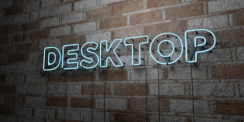 DESKTOP - Glowing Neon Sign on stonework wall - 3D rendered royalty free stock illustration.  Can be used for online banner ads and direct mailers..