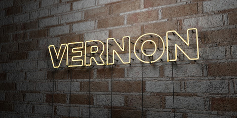 Fototapeta premium VERNON - Glowing Neon Sign on stonework wall - 3D rendered royalty free stock illustration. Can be used for online banner ads and direct mailers..