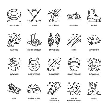 Cute thin line icons of winter sports. Outdoor activities vector elements - snowboard, hockey sled, skates, snow tubing, ice kiting. Linear pictogram with editable stroke for equipment rent ski resort