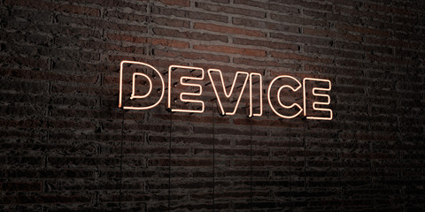 DEVICE -Realistic Neon Sign on Brick Wall background - 3D rendered royalty free stock image. Can be used for online banner ads and direct mailers..