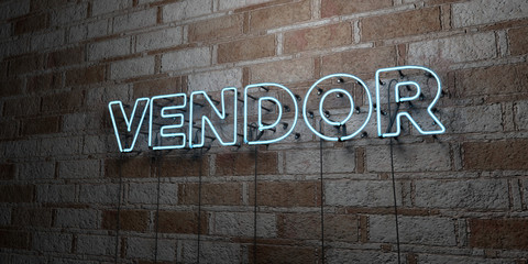 VENDOR - Glowing Neon Sign on stonework wall - 3D rendered royalty free stock illustration.  Can be used for online banner ads and direct mailers..