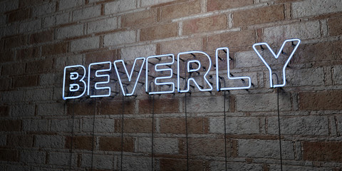 BEVERLY - Glowing Neon Sign on stonework wall - 3D rendered royalty free stock illustration.  Can be used for online banner ads and direct mailers..