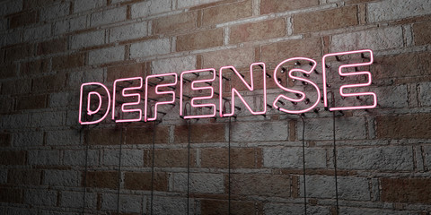 Fototapeta premium DEFENSE - Glowing Neon Sign on stonework wall - 3D rendered royalty free stock illustration. Can be used for online banner ads and direct mailers..