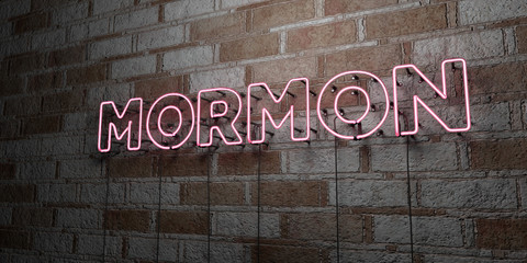 MORMON - Glowing Neon Sign on stonework wall - 3D rendered royalty free stock illustration.  Can be used for online banner ads and direct mailers..