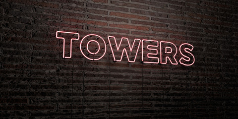 TOWERS -Realistic Neon Sign on Brick Wall background - 3D rendered royalty free stock image. Can be used for online banner ads and direct mailers..