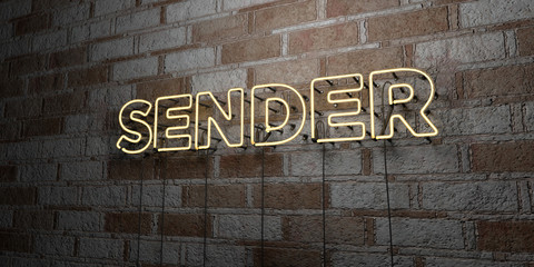 SENDER - Glowing Neon Sign on stonework wall - 3D rendered royalty free stock illustration.  Can be used for online banner ads and direct mailers..