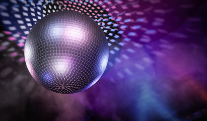 Shiny disco ball and light reflections in background. 3D rendered illustration.