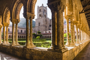 Duomo di Monreale at sunset (Monreale Cathedral), courtyard gardens, Monreale, near Palermo, Sicily 