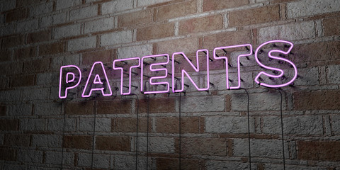 PATENTS - Glowing Neon Sign on stonework wall - 3D rendered royalty free stock illustration.  Can be used for online banner ads and direct mailers..