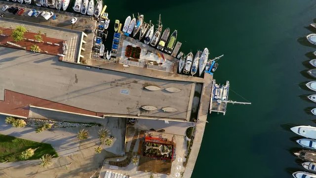 Aerial view. Berth yacht and boats off the coast of Barcelona. Spain. ProRess. 4K.

