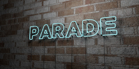 Fototapeta na wymiar PARADE - Glowing Neon Sign on stonework wall - 3D rendered royalty free stock illustration. Can be used for online banner ads and direct mailers..
