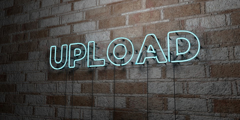 UPLOAD - Glowing Neon Sign on stonework wall - 3D rendered royalty free stock illustration.  Can be used for online banner ads and direct mailers..