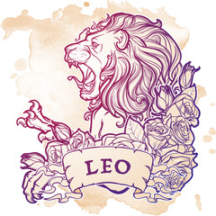 Zodiac sign of Leo with a decorative frame of roses. Astrology concept art. Tattoo design. Sketch in pastel pallette on grunge spot background. EPS10 vector illustration.