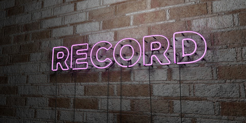 RECORD - Glowing Neon Sign on stonework wall - 3D rendered royalty free stock illustration.  Can be used for online banner ads and direct mailers..