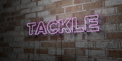 TACKLE - Glowing Neon Sign on stonework wall - 3D rendered royalty free stock illustration.  Can be used for online banner ads and direct mailers..