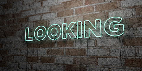 LOOKING - Glowing Neon Sign on stonework wall - 3D rendered royalty free stock illustration.  Can be used for online banner ads and direct mailers..