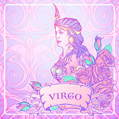 Beautiful woman with a decorative flower frame. Seamless pattern background. Zodiac Art Nouveau luxury style set. Virgo. Tattoo design. Pastel goth colors. EPS10 vector illustration.