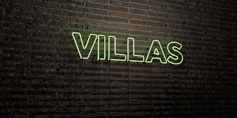 VILLAS -Realistic Neon Sign on Brick Wall background - 3D rendered royalty free stock image. Can be used for online banner ads and direct mailers..