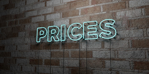PRICES - Glowing Neon Sign on stonework wall - 3D rendered royalty free stock illustration.  Can be used for online banner ads and direct mailers..