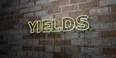 YIELDS - Glowing Neon Sign on stonework wall - 3D rendered royalty free stock illustration.  Can be used for online banner ads and direct mailers..