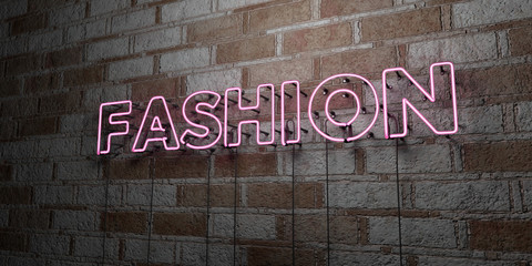 FASHION - Glowing Neon Sign on stonework wall - 3D rendered royalty free stock illustration.  Can be used for online banner ads and direct mailers..