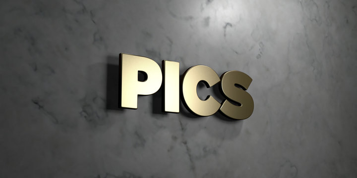 Pics - Gold sign mounted on glossy marble wall  - 3D rendered royalty free stock illustration. This image can be used for an online website banner ad or a print postcard.