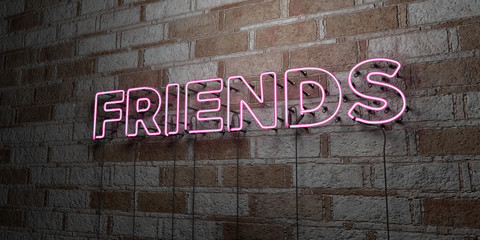 FRIENDS - Glowing Neon Sign on stonework wall - 3D rendered royalty free stock illustration.  Can be used for online banner ads and direct mailers..