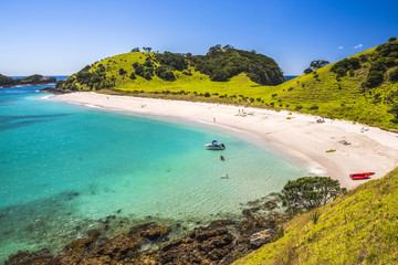 White sandy beach in the Waikare Inlet visited from Russell by sailing boat, Bay of Islands, Northland Region, North Island, New Zealand
