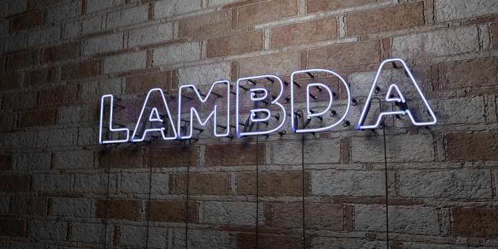 LAMBDA - Glowing Neon Sign on stonework wall - 3D rendered royalty free stock illustration.  Can be used for online banner ads and direct mailers..