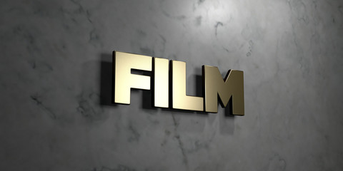 Film - Gold sign mounted on glossy marble wall  - 3D rendered royalty free stock illustration. This image can be used for an online website banner ad or a print postcard.