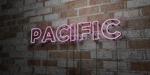 PACIFIC - Glowing Neon Sign on stonework wall - 3D rendered royalty free stock illustration.  Can be used for online banner ads and direct mailers..