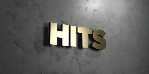 Hits - Gold sign mounted on glossy marble wall  - 3D rendered royalty free stock illustration. This image can be used for an online website banner ad or a print postcard.