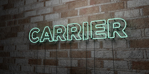 CARRIER - Glowing Neon Sign on stonework wall - 3D rendered royalty free stock illustration.  Can be used for online banner ads and direct mailers..