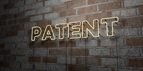 Fototapeta na wymiar PATENT - Glowing Neon Sign on stonework wall - 3D rendered royalty free stock illustration. Can be used for online banner ads and direct mailers..