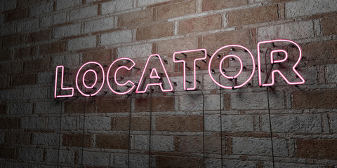 LOCATOR - Glowing Neon Sign on stonework wall - 3D rendered royalty free stock illustration.  Can be used for online banner ads and direct mailers..