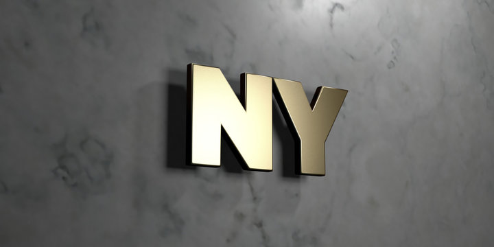 Ny - Gold sign mounted on glossy marble wall  - 3D rendered royalty free stock illustration. This image can be used for an online website banner ad or a print postcard.