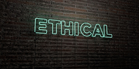 ETHICAL -Realistic Neon Sign on Brick Wall background - 3D rendered royalty free stock image. Can be used for online banner ads and direct mailers..