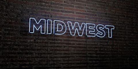 MIDWEST -Realistic Neon Sign on Brick Wall background - 3D rendered royalty free stock image. Can be used for online banner ads and direct mailers..
