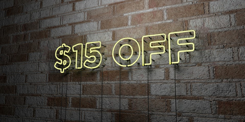 $15 OFF - Glowing Neon Sign on stonework wall - 3D rendered royalty free stock illustration.  Can be used for online banner ads and direct mailers..