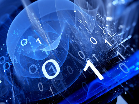 Blue glowing binary code matrix in cyberspace