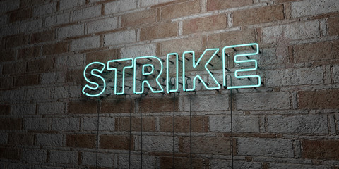 STRIKE - Glowing Neon Sign on stonework wall - 3D rendered royalty free stock illustration.  Can be used for online banner ads and direct mailers..