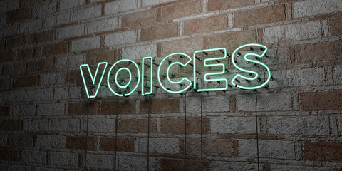 VOICES - Glowing Neon Sign on stonework wall - 3D rendered royalty free stock illustration.  Can be used for online banner ads and direct mailers..