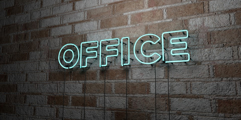 OFFICE - Glowing Neon Sign on stonework wall - 3D rendered royalty free stock illustration.  Can be used for online banner ads and direct mailers..