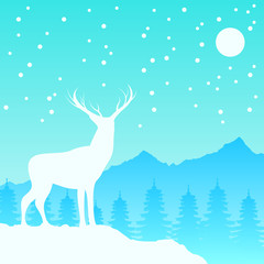 Reindeer with Pine Tree and Mountain Snow Christmas