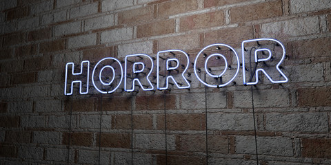 HORROR - Glowing Neon Sign on stonework wall - 3D rendered royalty free stock illustration.  Can be used for online banner ads and direct mailers..