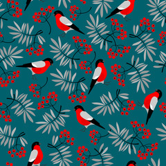 Bullfinch birds seamless pattern with Mountain ash leaves and berries. Merry Christmas collection background. Natural wildlife texture. Vector illustration