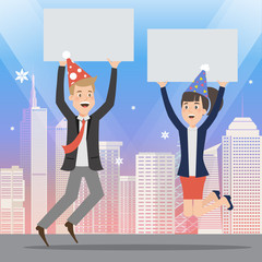 Group of businessman holding board for christmas